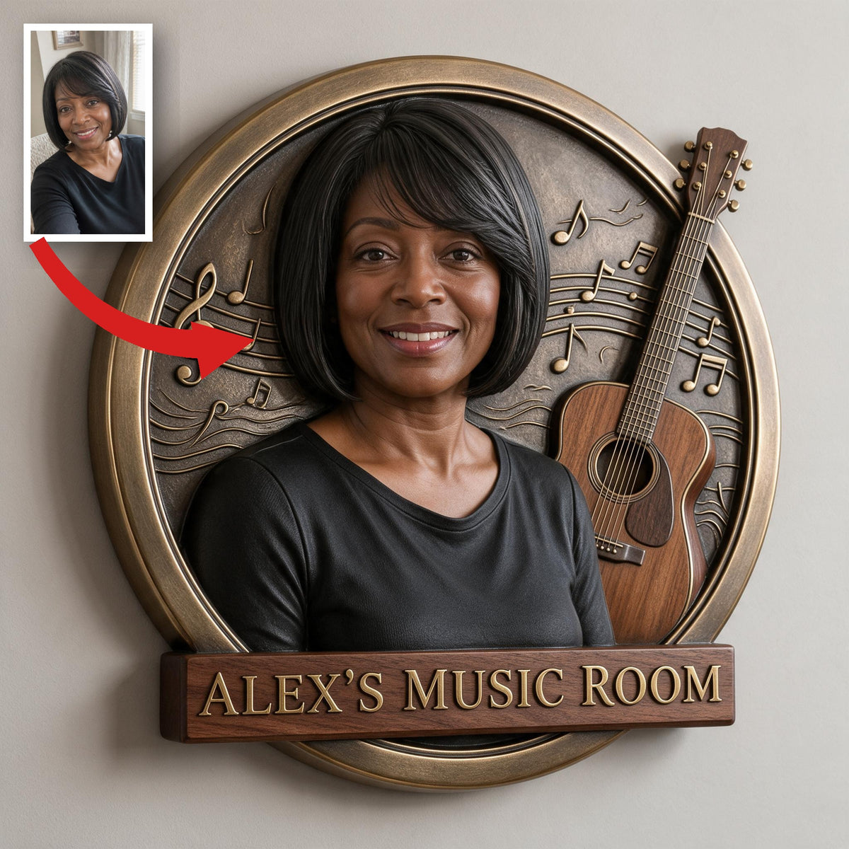 Custom Photo Middle-Aged Black Woman Music Room 3D Metal Sign Guitar Wall Decor