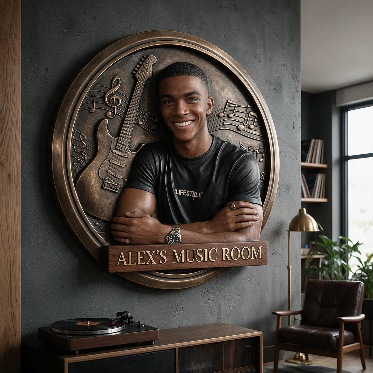 Custom Photo Black Man Music Room 3D Guitar Cut Metal Sign Wall Decor