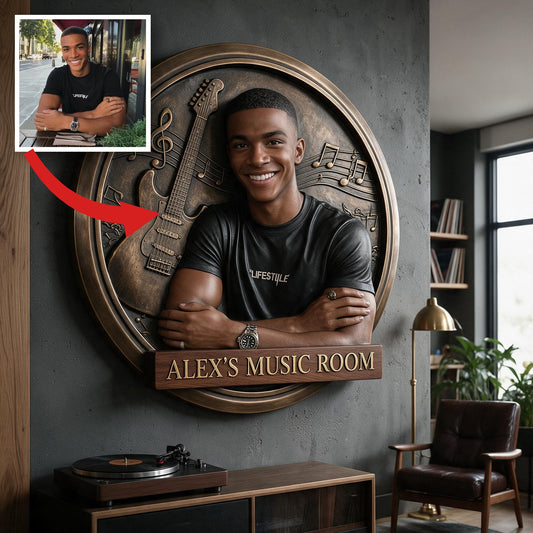 Custom Photo Black Man Music Room 3D Guitar Cut Metal Sign Wall Decor