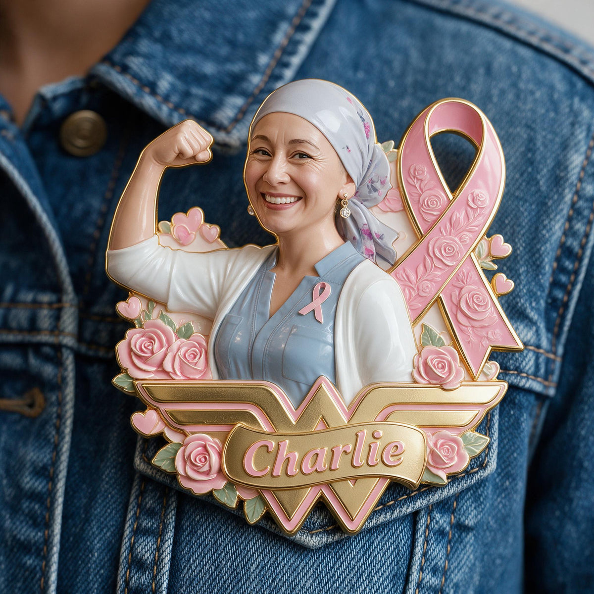 Personalized Middle-Aged Breast Cancer Woman 3D Embossed Enamel Pin Awareness Gift