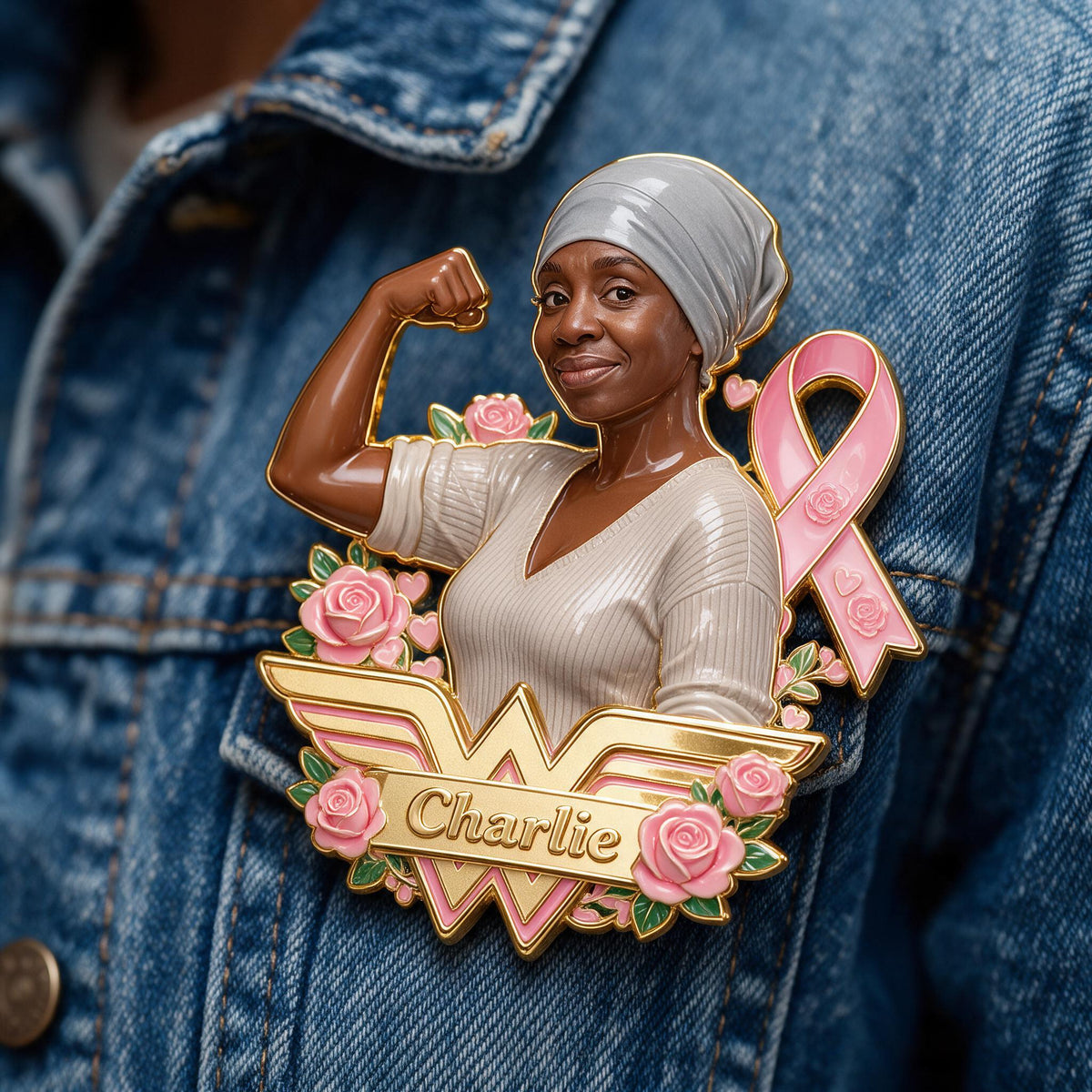 Personalized Middle-Aged Black Breast Cancer Woman 3D Embossed Enamel Pin Awareness Gift