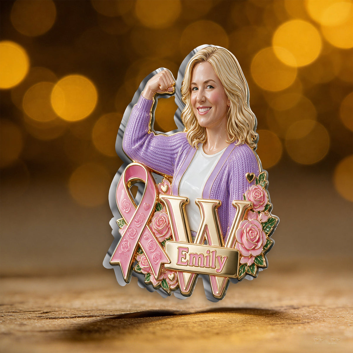 Personalized Middle-Aged Breast Cancer Woman 3D Embossed Enamel Pin Awareness Gift