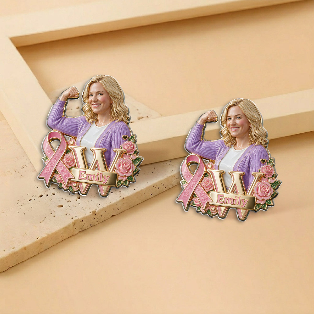 Personalized Middle-Aged Breast Cancer Woman 3D Embossed Enamel Pin Awareness Gift