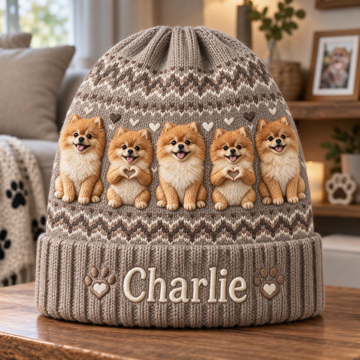 Personalized Fluffy Golden Tan Pomeranian Beanie Hat Dog Owner Gift