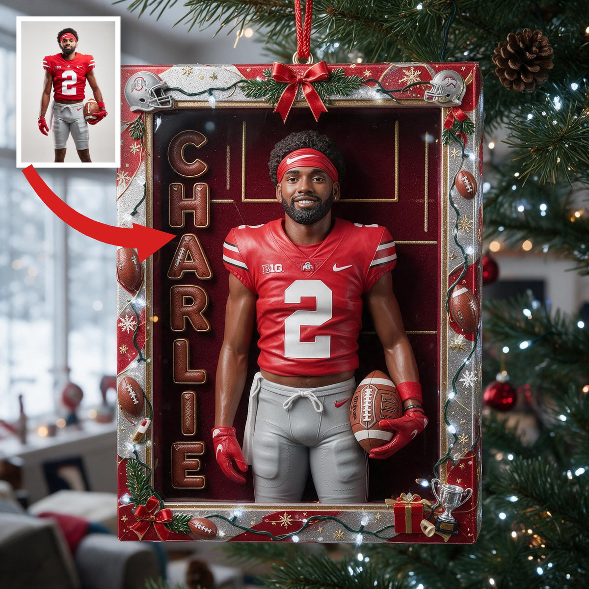 Personalized Christmas American Football Black Player Ornament
