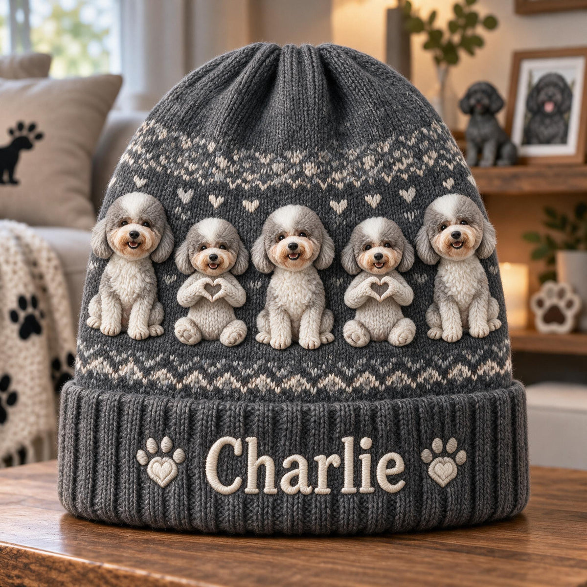 Personalized Curly Fur Poodle Beanie Hat Dog Owner Winter Gift