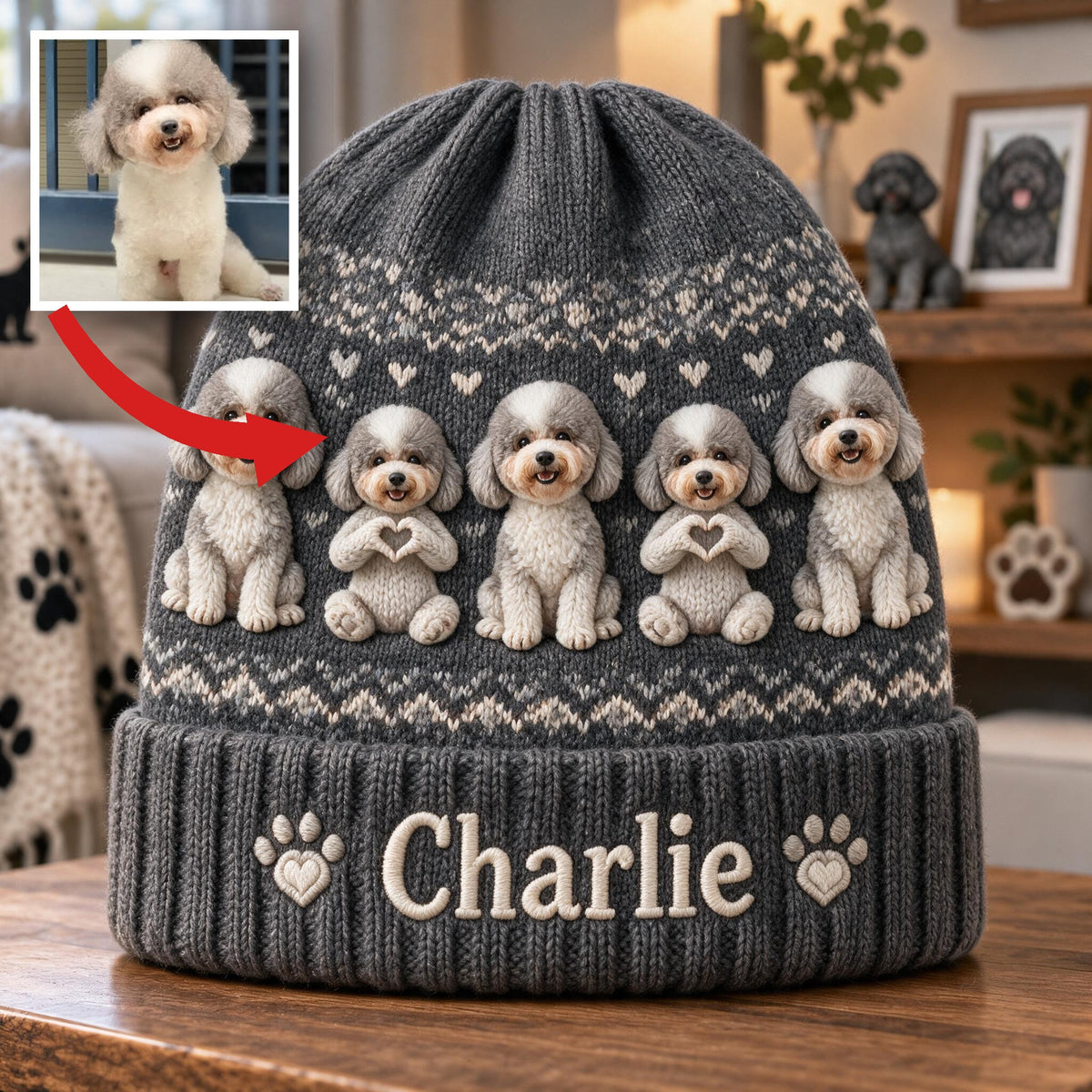 Personalized Curly Fur Poodle Beanie Hat Dog Owner Winter Gift