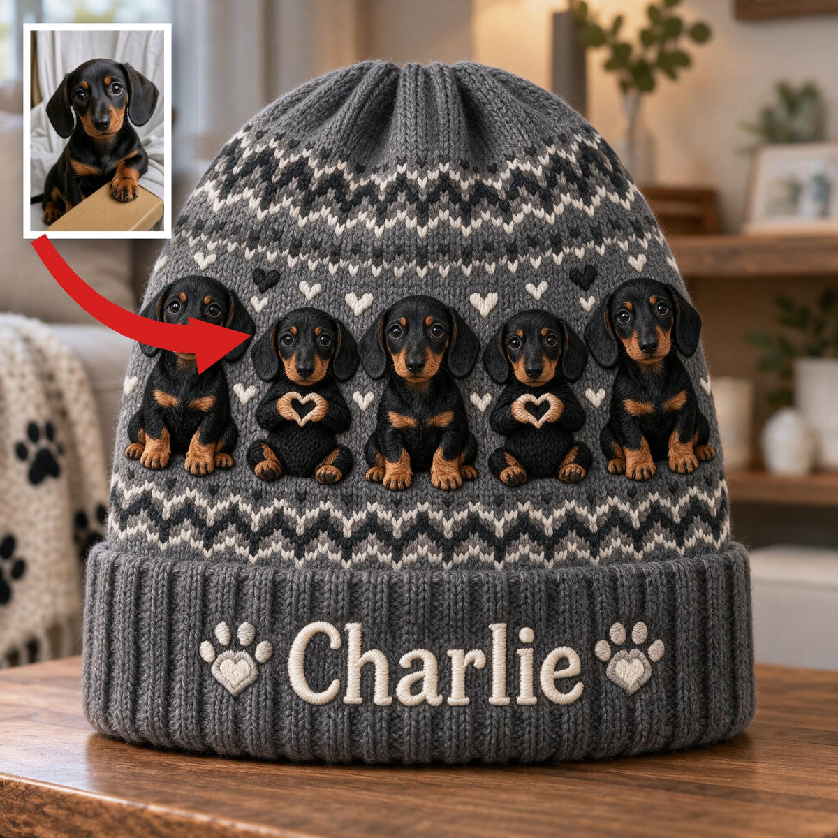 Personalized Black and Tan Dachshund Puppy Knit Beanie Hat Dog Lover Gift