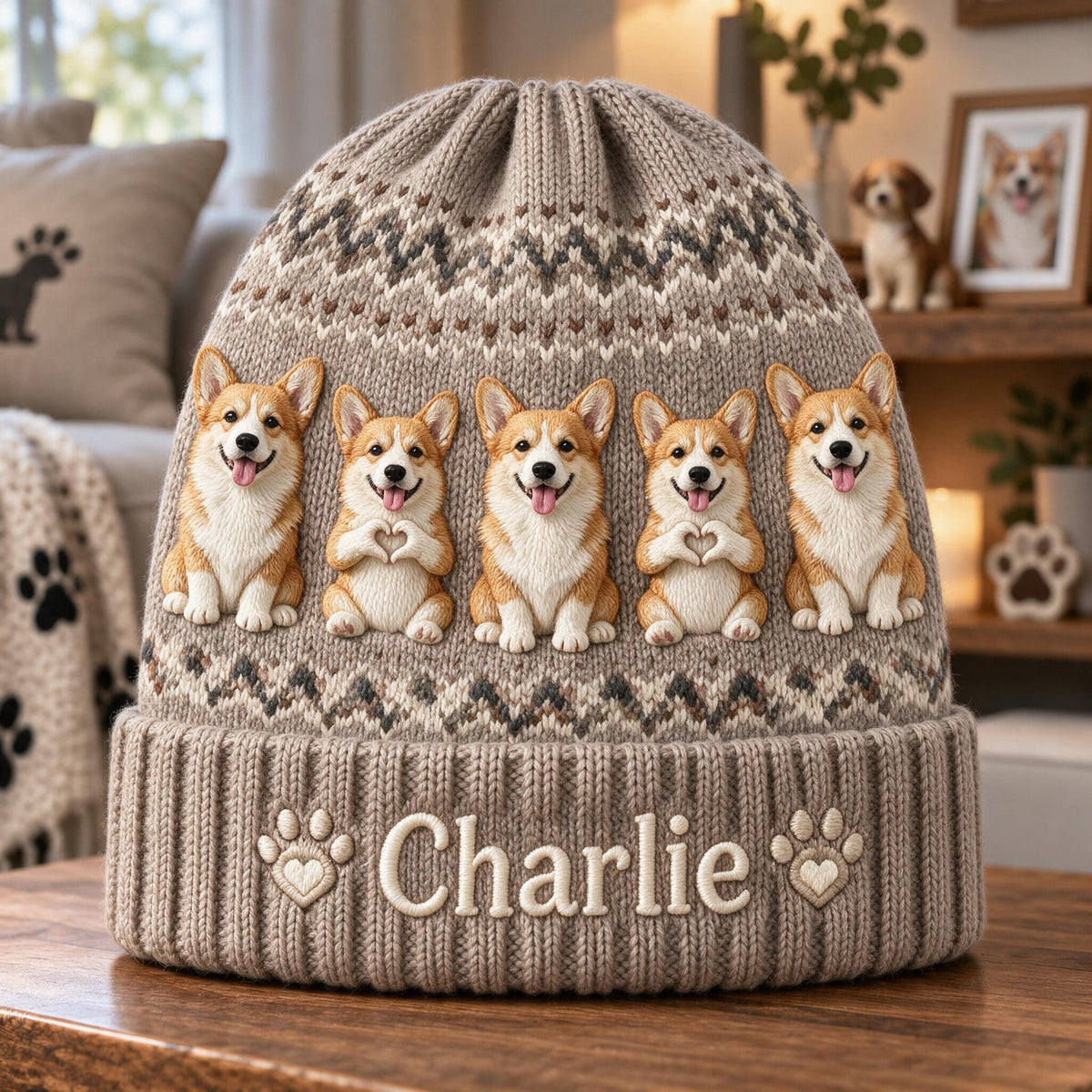 Personalized Tan and White Pembroke Welsh Corgi Beanie Hat Dog Lover Gift