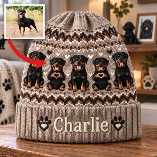 Personalized Black and Tan Rottweiler Knit Beanie Hat Dog Lover Gift