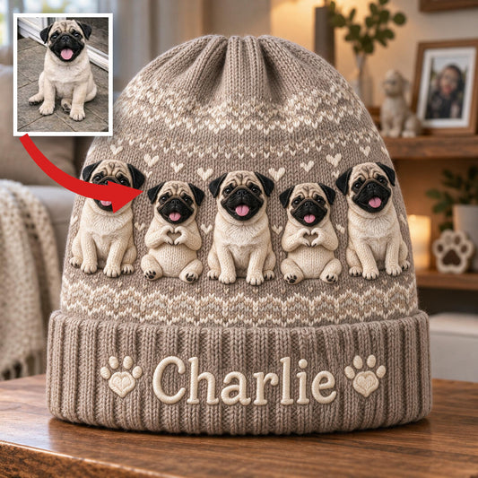 Personalized Fawn Black Mask Pug Knit Beanie Hat Pug Lover Gift
