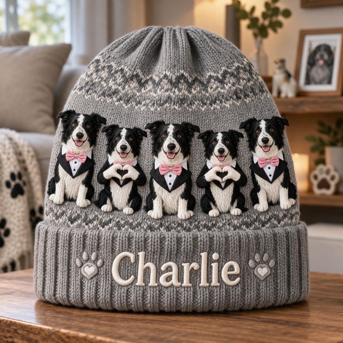 Personalized Black and White Border Collie Beanie Hat Dog Mom Winter Gift