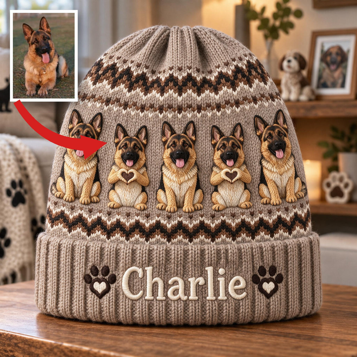Personalized Black and Tan Adult German Shepherd Beanie Hat Dog Lover Gift