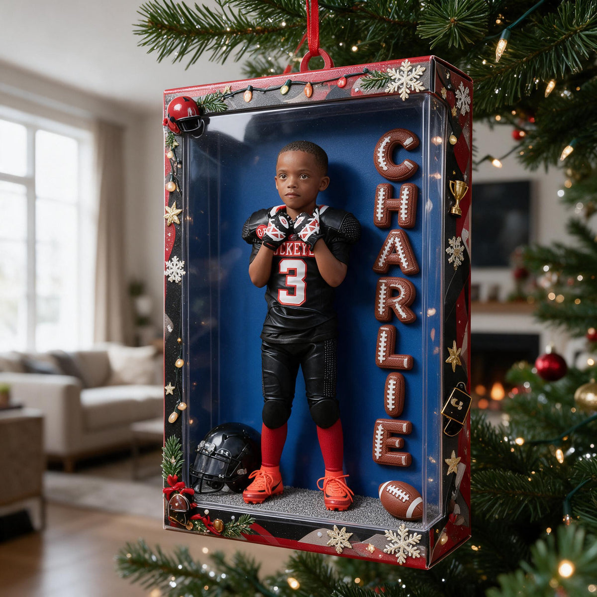 Personalized Christmas Black Child Football Player Keepsake Ornament