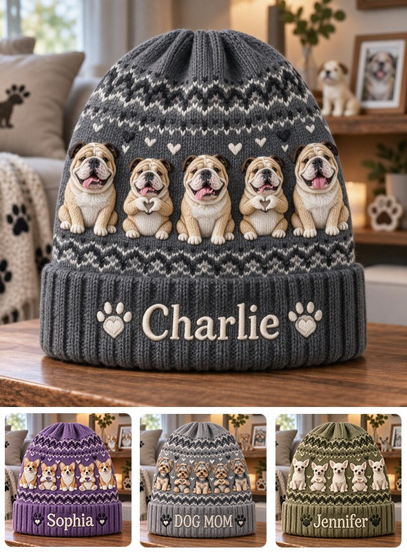 Personalized Fawn White Bulldog Knit Beanie Hat Dog Lover Gift