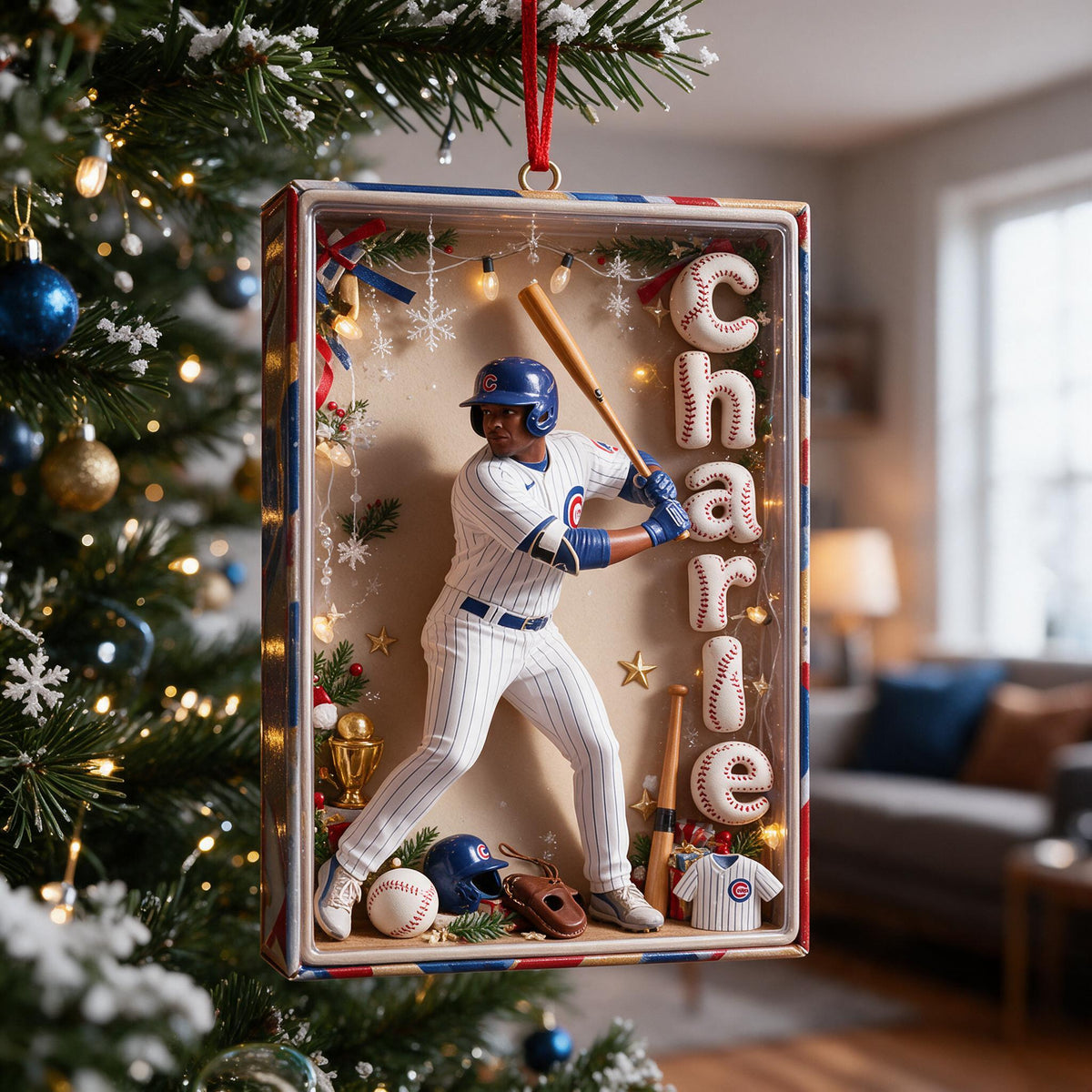 Personalized Christmas Black Baseball Player Ornament, Baseball Fan Gift