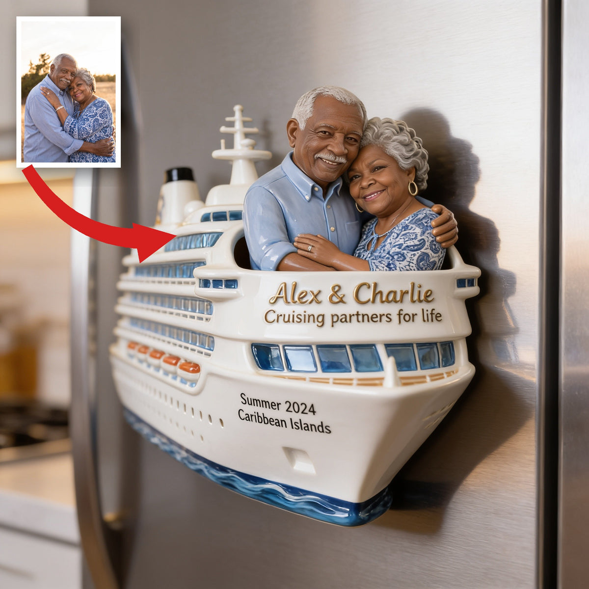 Personalized Older Black Couple Cruise Fridge Magnet Travel Keepsake Gift