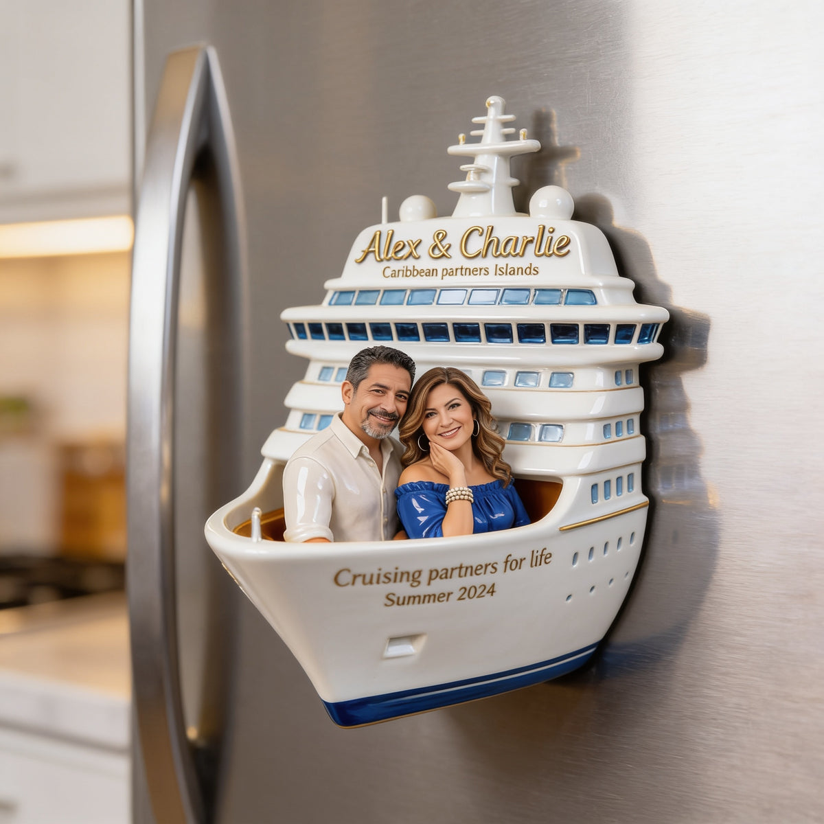 Personalized Middle-Aged Latino Couple Cruise Magnet, Custom Cruising Keepsake Gift