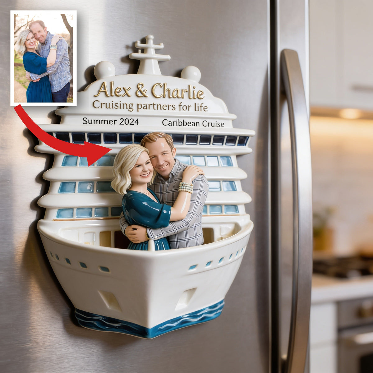 Personalized Middle-Aged Couple Cruise Fridge Magnet Vacation Memory Keepsake