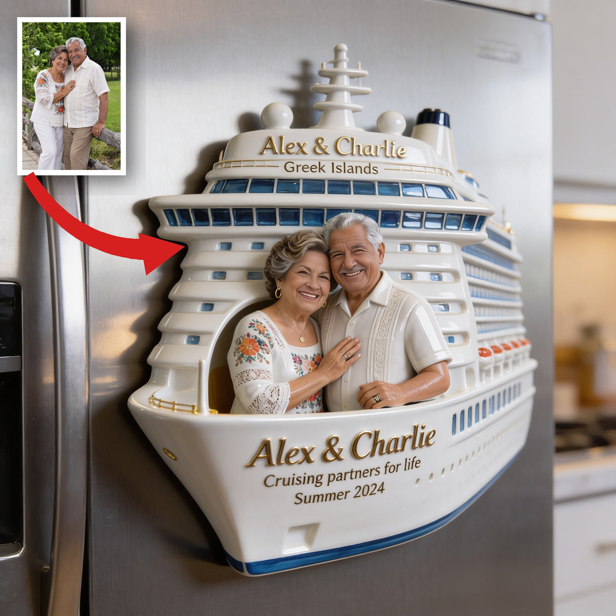 Personalized Older Latino Couple Cruise Fridge Magnet Travel Keepsake Gift
