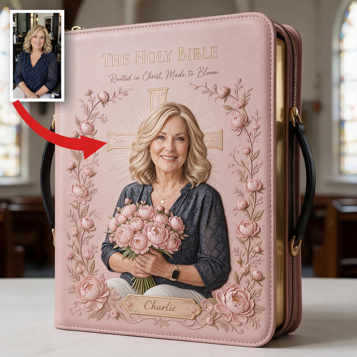 Personalized Middle-Aged Woman Christian Leather Bible Cover Bag, Gift for Mom Grandma Wife