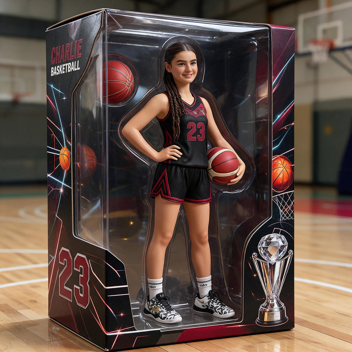 Personalized Latina Female Youth Basketball Player Acrylic Display Box Sports Keepsake