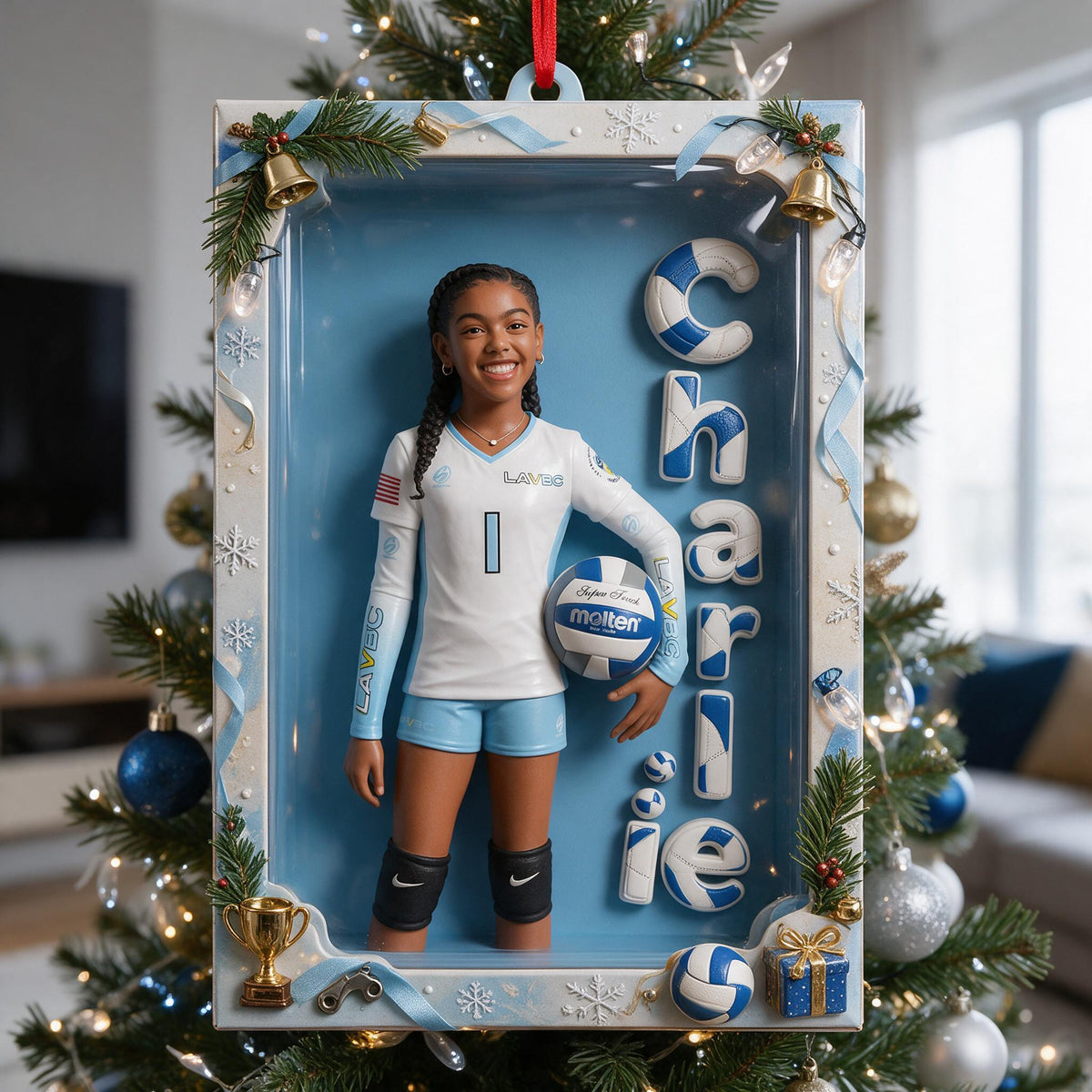 Personalized Black Female Youth Volleyball Player Christmas Ornament Athlete Gift
