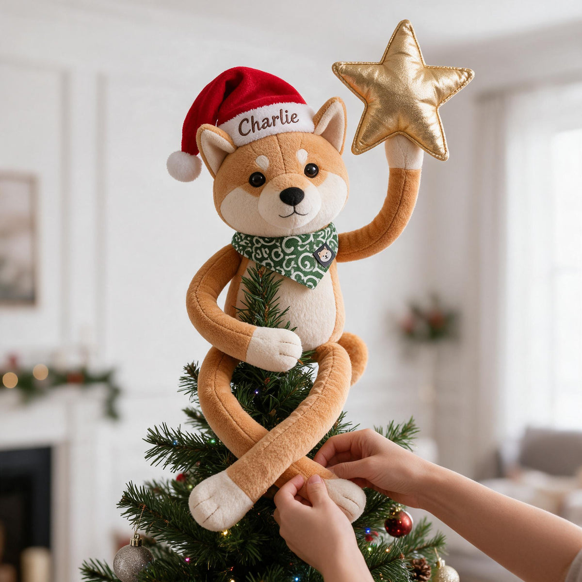 Personalized Christmas Tan & White Shiba Inu Posable Plush Doll