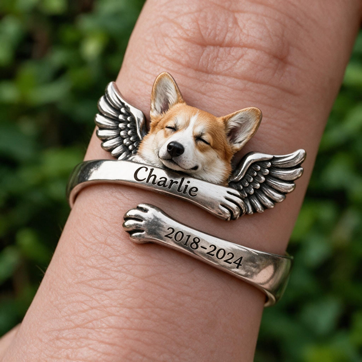 Personalized Tan and White Pembroke Welsh Corgi Memorial Adjustable Ring Keepsake