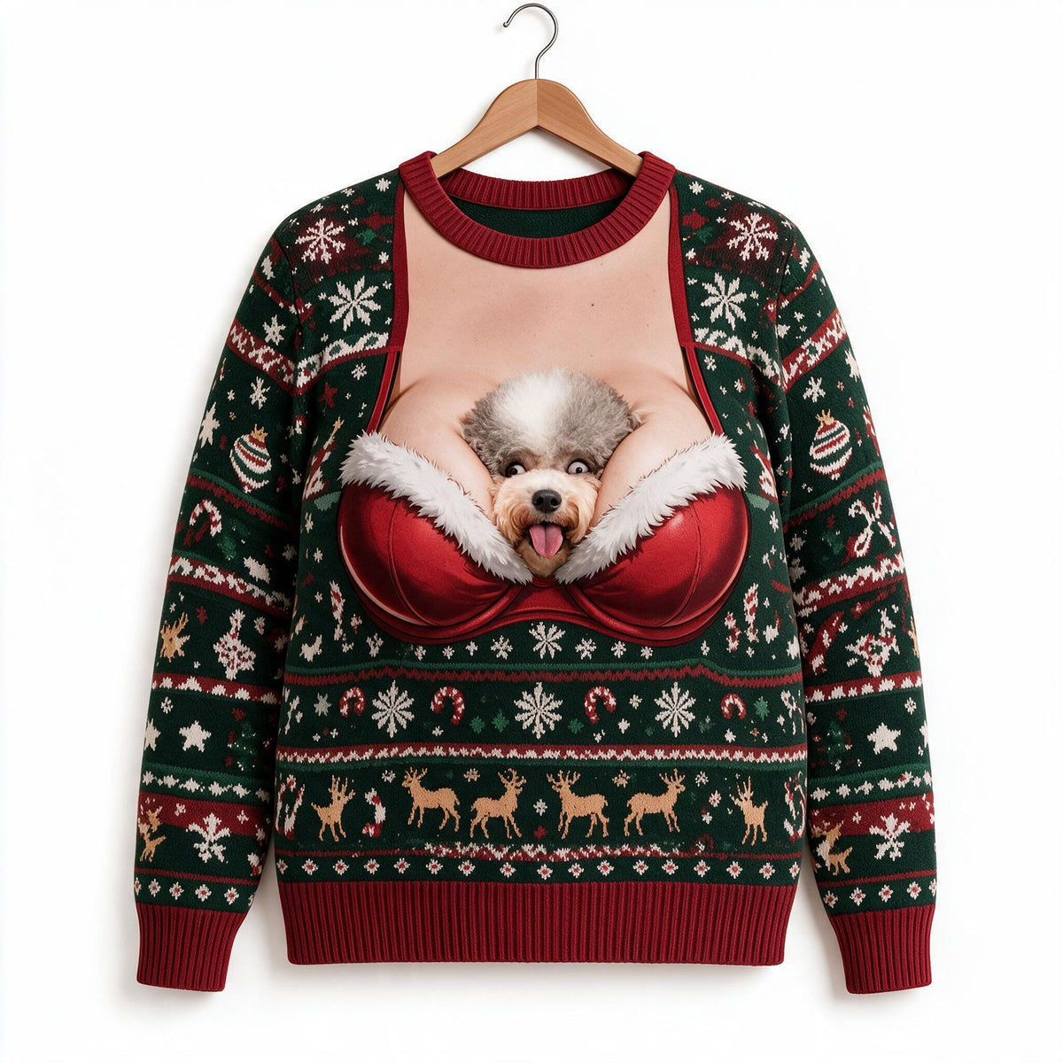 Custom Photo Christmas Curly Fur Adult Poodle Funny Ugly Sweater
