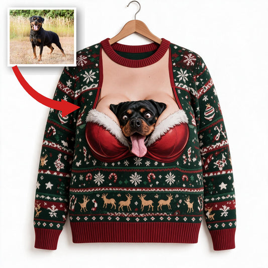 Custom Photo Christmas Black and Tan Rottweiler Ugly Sweater Funny Holiday Gift