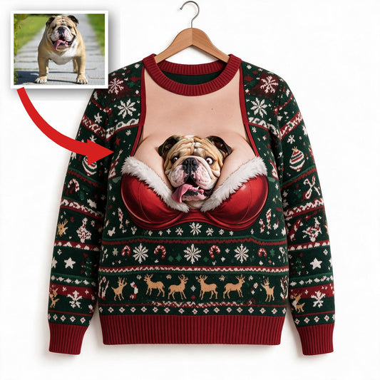 Custom Photo Christmas Fawn White Bulldog Ugly Sweater Funny Holiday Gift