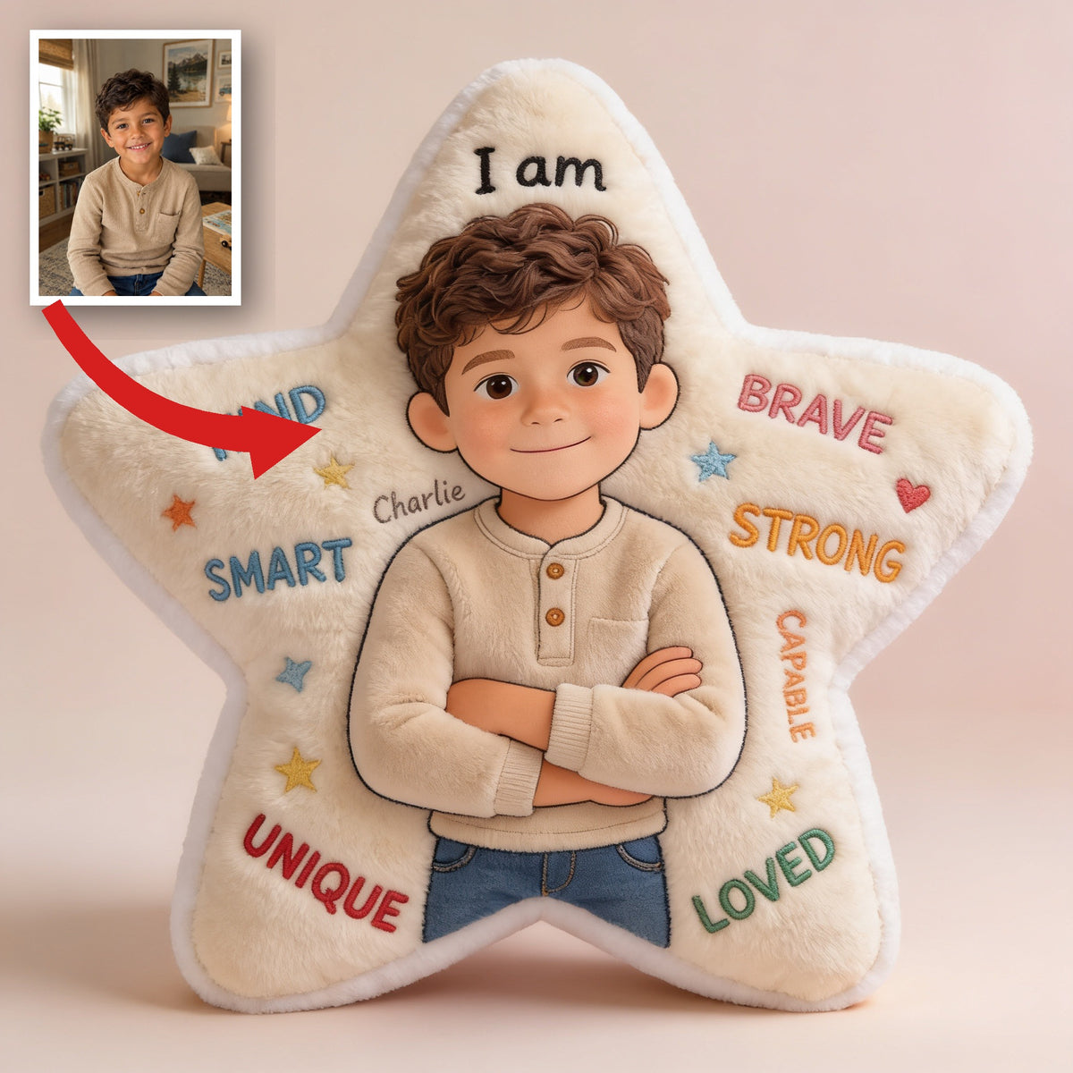 Personalized Latino Little Boy Affirmations Star Faux Fur Pillow, Son Grandson Nephew Gift