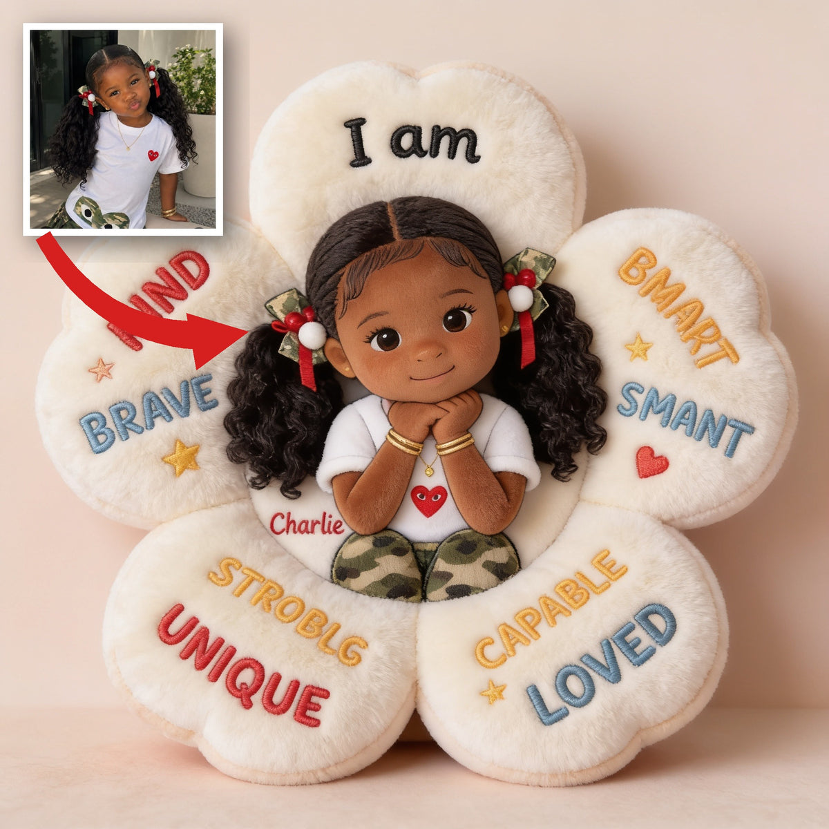 Personalized Black Little Girl Affirmation Faux Fur Shaped Pillow