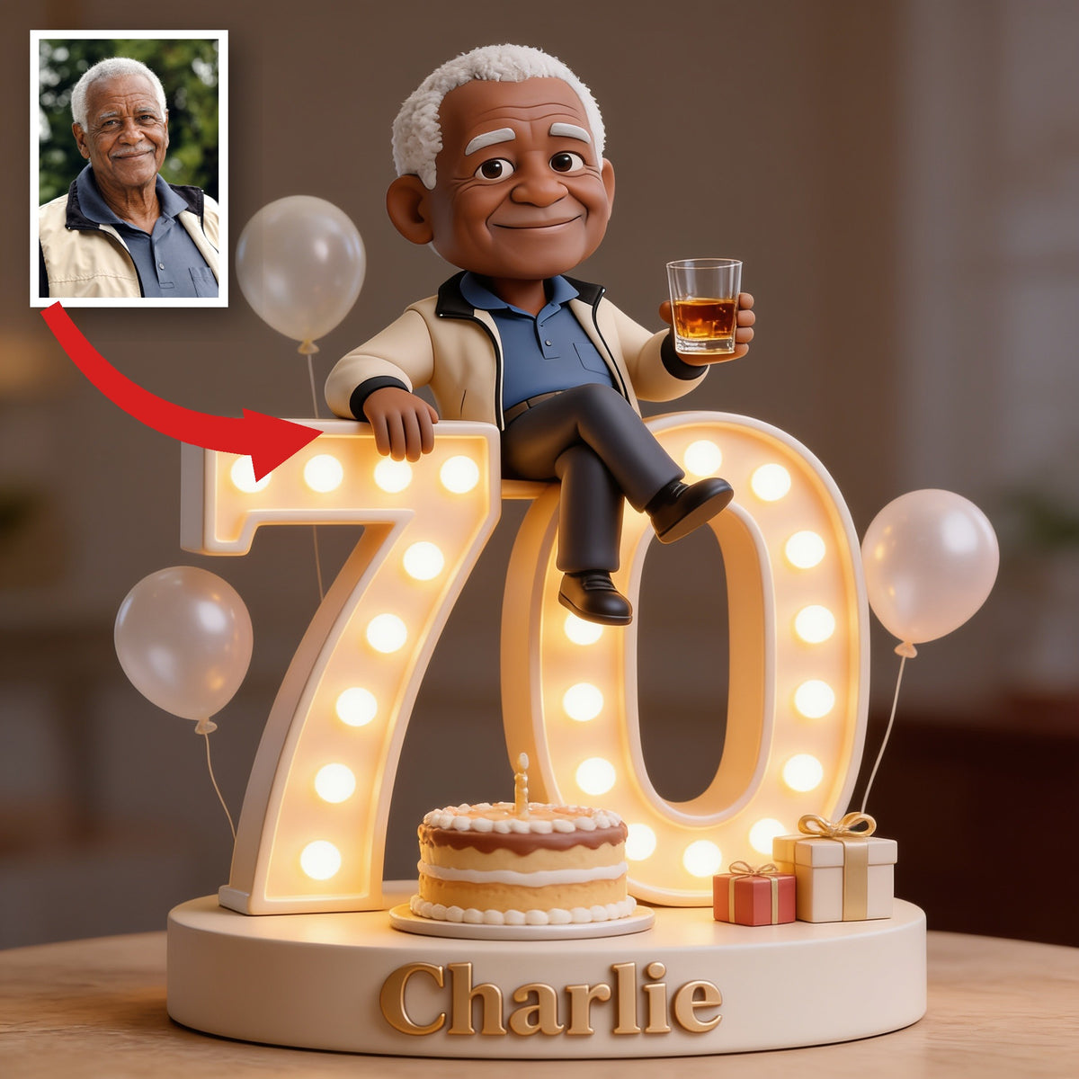 Personalized 70th Birthday Older Black Man Custom Shaped Acrylic Plaque Gift