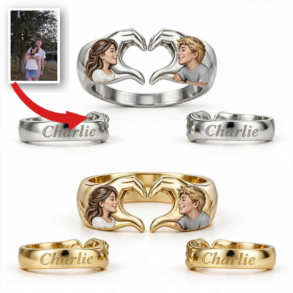 Personalized Anniversary Couple Hand Heart Adjustable Ring Husband Wife Gift