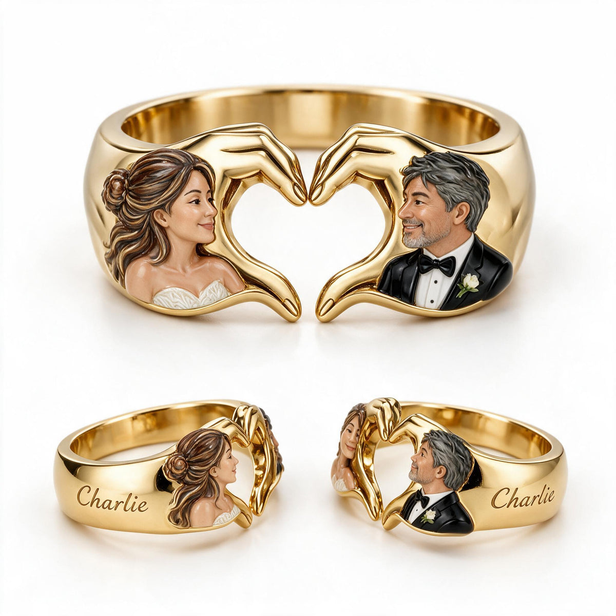Personalized Wedding Anniversary Middle-Aged Latino Couple Hand Heart Ring