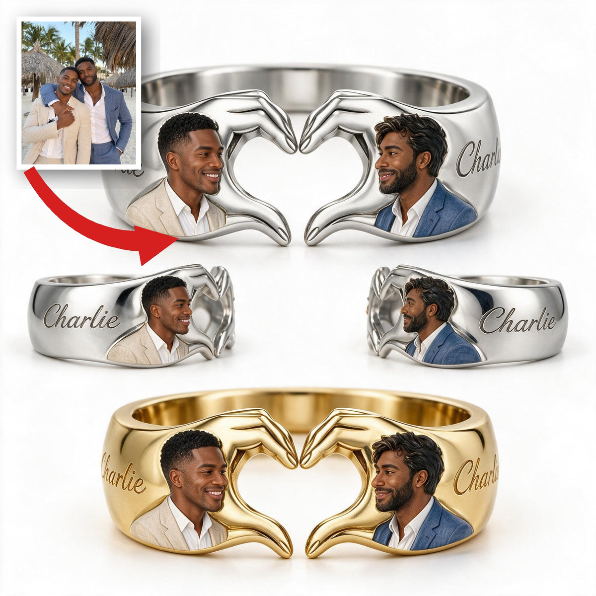 Personalized LGBT Anniversary Black Gay Couple Hand Heart Adjustable Ring