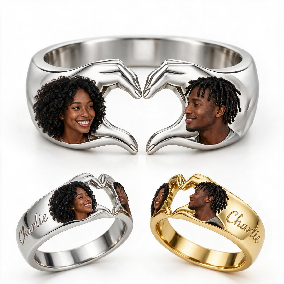 Personalized 5th Anniversary 2021 Black Couple Adjustable Heart Ring