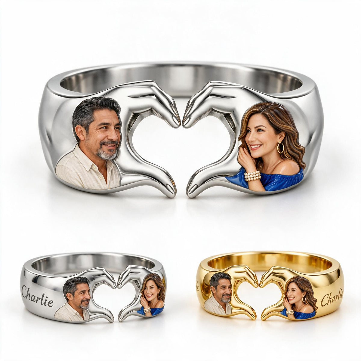 Personalized Anniversary Middle-Aged Latino Couple Hand Heart Ring Gift