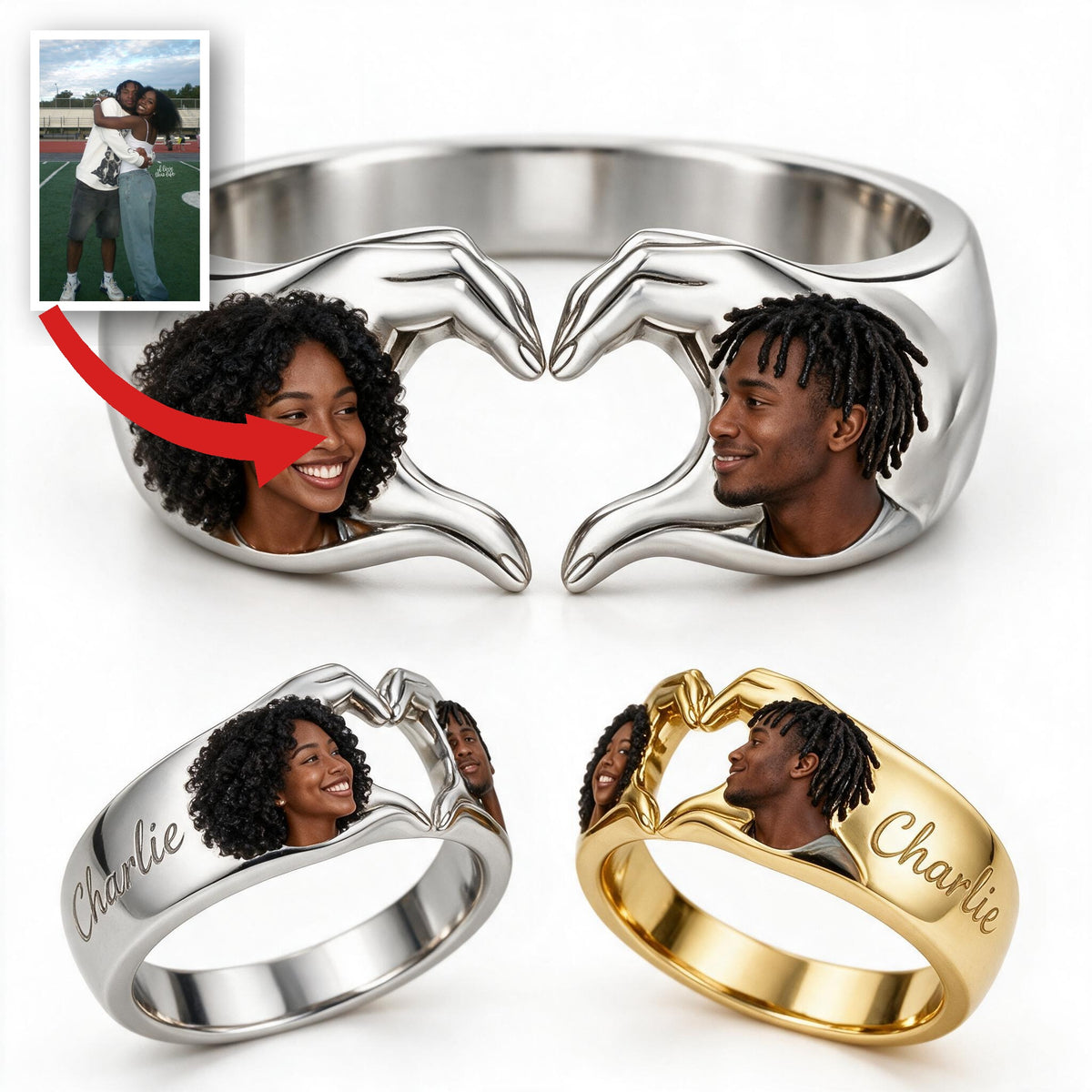 Personalized 5th Anniversary 2021 Black Couple Adjustable Heart Ring