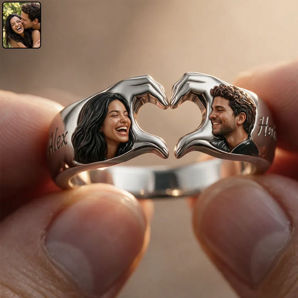 Personalized Anniversary Couple Hand Heart Adjustable Ring Husband Wife Gift
