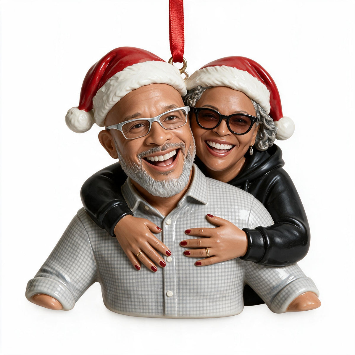 Custom Photo Christmas Middle-Aged Black Couple Caricature Ornament, Couple Holiday Gift