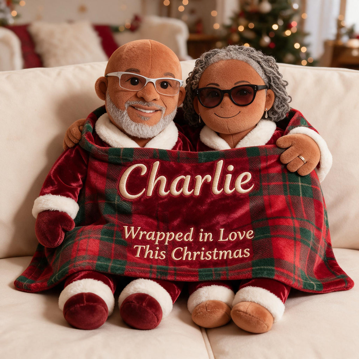 Personalized Christmas Middle-Aged Black Couple Faux Fur Pillow Gift