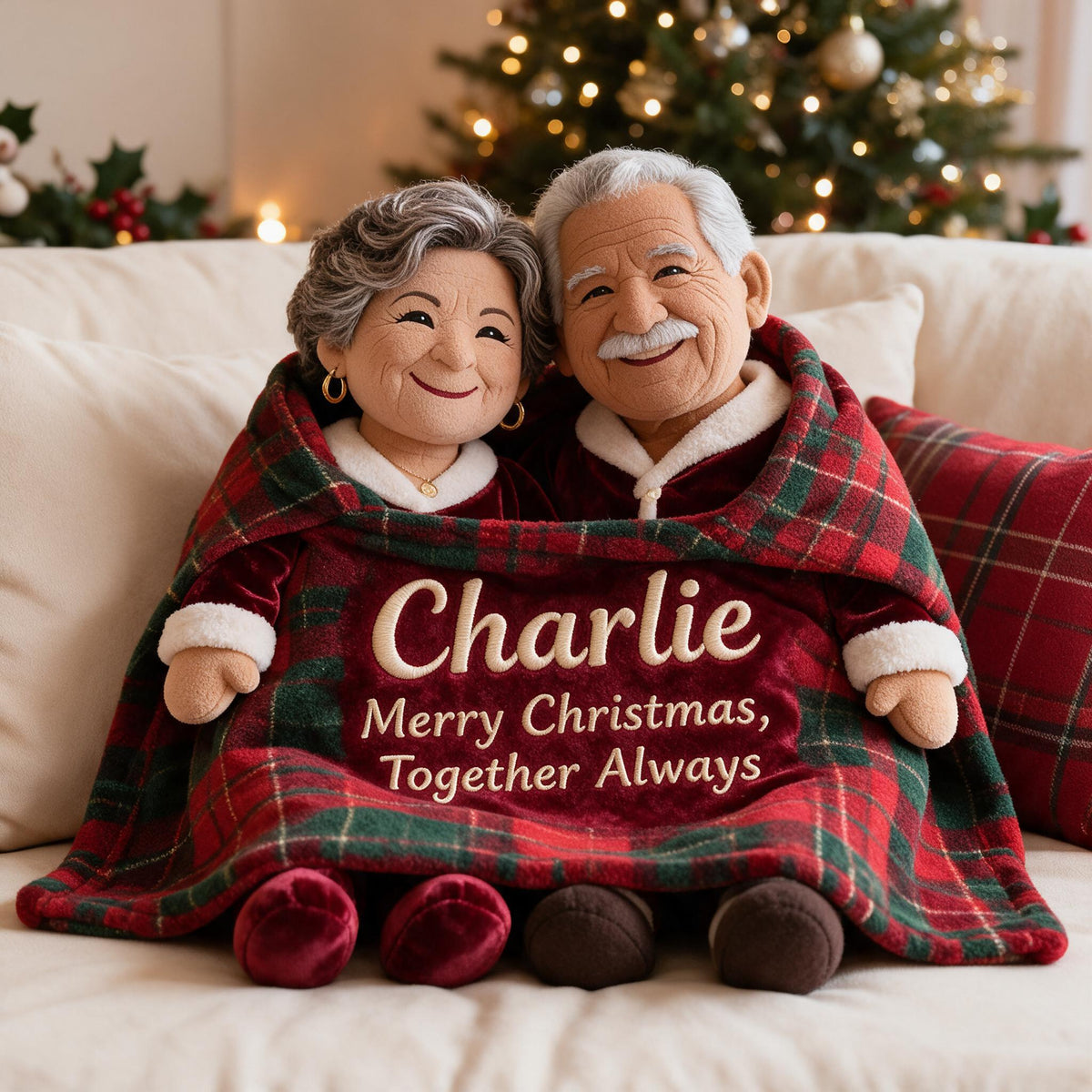 Personalized Christmas Older Latino Couple Faux Fur Pillow, Family Holiday Keepsake Gift