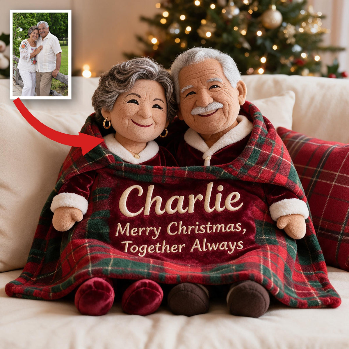 Personalized Christmas Older Latino Couple Faux Fur Pillow, Family Holiday Keepsake Gift