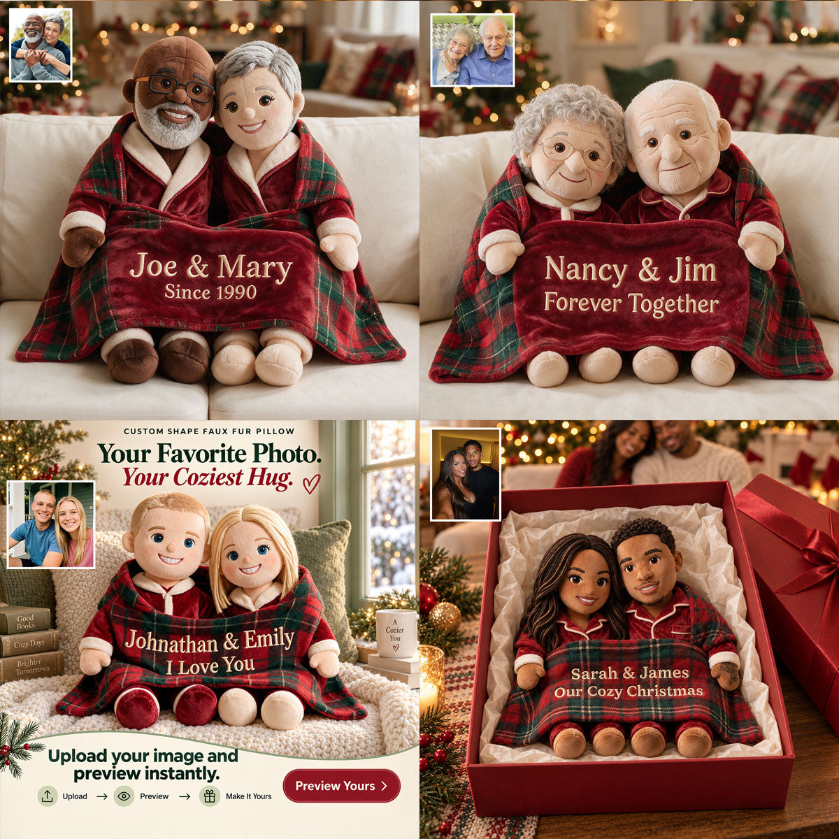 Personalized Christmas Middle-Aged Couple Faux Fur Pillow, Custom Holiday Couple Gift