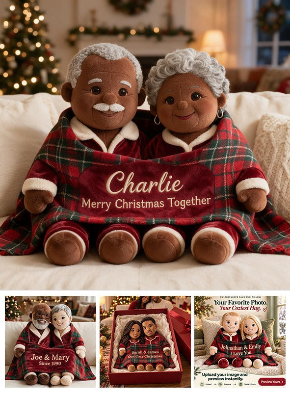 Personalized Christmas Older Black Couple Faux Fur Pillow Gift for Grandparents