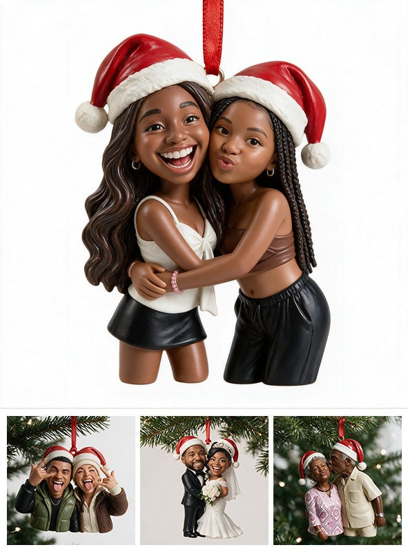 Custom Photo Christmas Black Lesbian Couple Caricature Ornament LGBT Gift