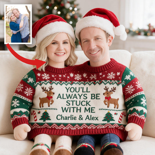 Custom Photo Christmas Middle-Aged Couple Faux Fur Pillow, Husband Wife Personalized Home Gift